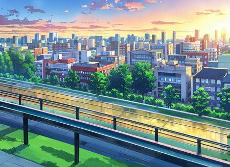 masterpiece, best quality, ultra-detailed, illustration, <lora:kdm-style-v05:0.8>, building, bush, city, cityscape, cloud, cloudy sky, fence, grass, lamppost, no humans, outdoors, railing, river, road, scenery, shadow, sky, sunlight, sunset, tree