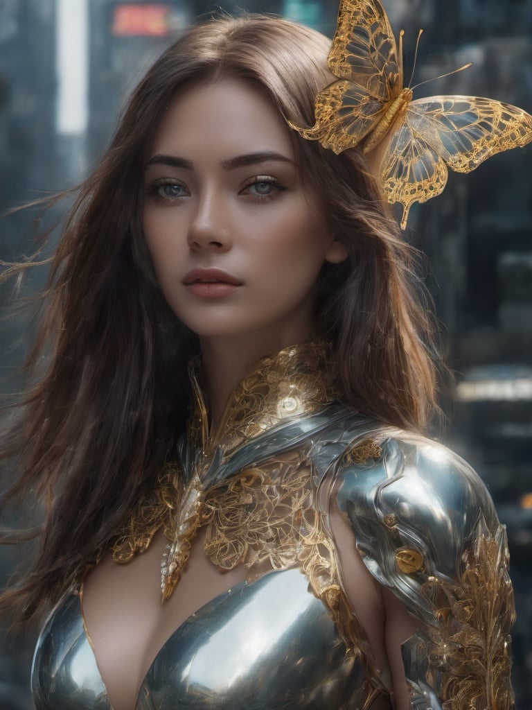8k portrait of beautiful cyborg with brown hair, intricate, elegant, highly detailed, majestic, digital photography, art by artgerm and ruan jia and greg rutkowski surreal painting gold butterfly filigree, broken glass, (masterpiece, sidelighting, finely detailed beautiful eyes: 1.2), hdr,  <lora:sdxlb3rli-000001:1:1.2>