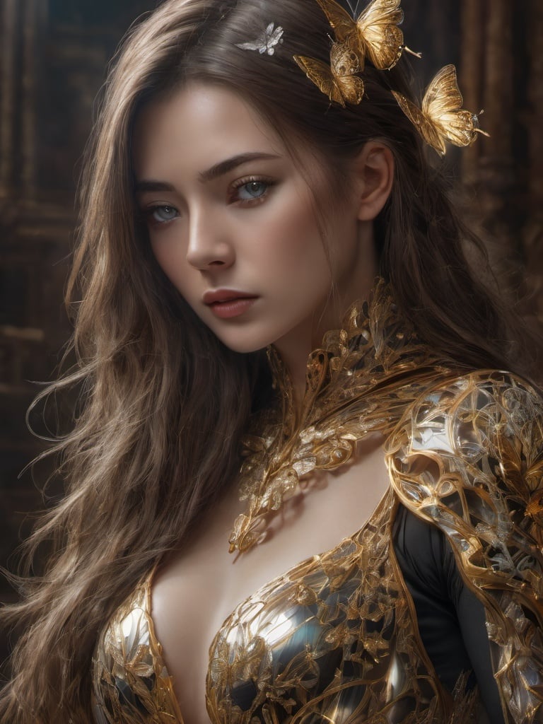 8k portrait of beautiful cyborg with brown hair, intricate, elegant, highly detailed, majestic, digital photography, art by artgerm and ruan jia and greg rutkowski surreal painting gold butterfly filigree, broken glass, (masterpiece, sidelighting, finely detailed beautiful eyes: 1.2), hdr,  <lora:sdxlb3rli-000001:1:1.1>