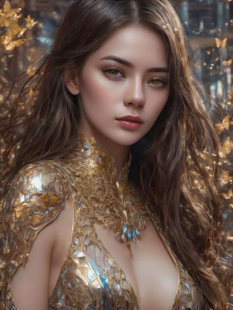 8k portrait of beautiful cyborg with brown hair, intricate, elegant, highly detailed, majestic, digital photography, art by artgerm and ruan jia and greg rutkowski surreal painting gold butterfly filigree, broken glass, (masterpiece, sidelighting, finely detailed beautiful eyes: 1.2), hdr,  <lora:sdxlb3rli-000001:1>