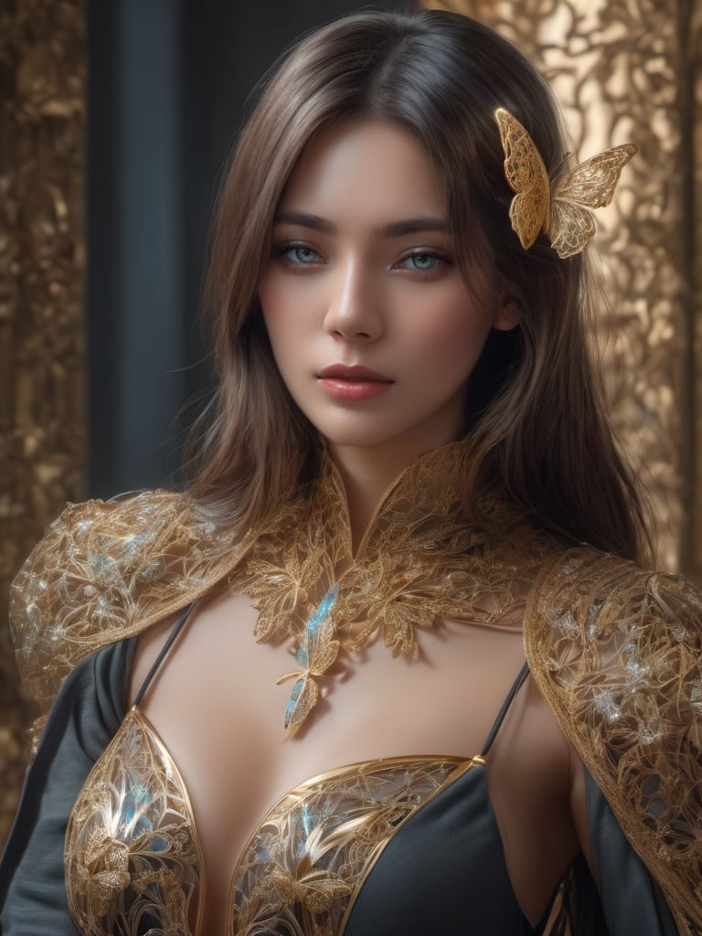8k portrait of beautiful cyborg with brown hair, intricate, elegant, highly detailed, majestic, digital photography, art by artgerm and ruan jia and greg rutkowski surreal painting gold butterfly filigree, broken glass, (masterpiece, sidelighting, finely detailed beautiful eyes: 1.2), hdr,  <lora:sdxlb3rli-000002:0.8>