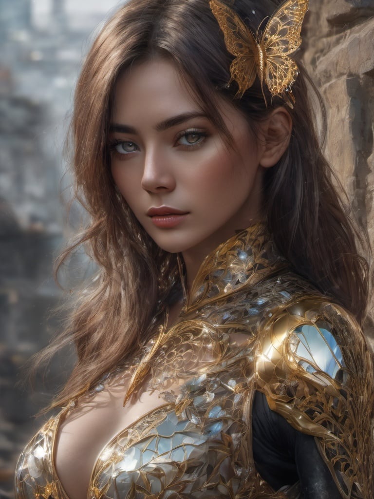 8k portrait of beautiful cyborg with brown hair, intricate, elegant, highly detailed, majestic, digital photography, art by artgerm and ruan jia and greg rutkowski surreal painting gold butterfly filigree, broken glass, (masterpiece, sidelighting, finely detailed beautiful eyes: 1.2), hdr,  <lora:sdxlb3rli-000001:1>