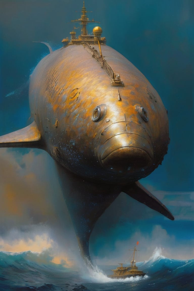 A mechanical whale swims in an oil-black ocean, surreal and dystopian, by zdzislaw beksinski, Thunderstorm, Renaissance,  Eyes,Gas masks,Snake, Cryptic, (Sepia:1.1), (Space:1.1),  (Pointillism:1.1), (Infrared:1.2), Cotton, Polygon, ultra detailed, intricate, oil on canvas, dry brush, (surrealism:1.1), (disturbing:1.1), horror, scary, chinese