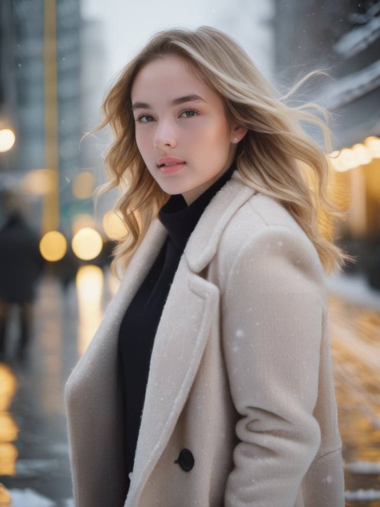 professional portrait photograph of a gorgeous  girl in winter clothing with long wavy blonde hair, ((sultry flirty look)), freckles, beautiful symmetrical face, cute natural makeup, wearing elegant winter fashion clothing, ((standing outside in snowy city street)), stunning modern urban upscale environment, ultra realistic, concept art, elegant, highly detailed, intricate, sharp focus, depth of field, f/1. 8, 85mm, medium shot, mid shot, (centered image composition), (professionally color graded), ((bright soft diffused light)), volumetric fog, trending on instagram, trending on tumblr, hdr 4k, 8k,  <lora:ch3ls3a_SDXL-000004:1:1.2>