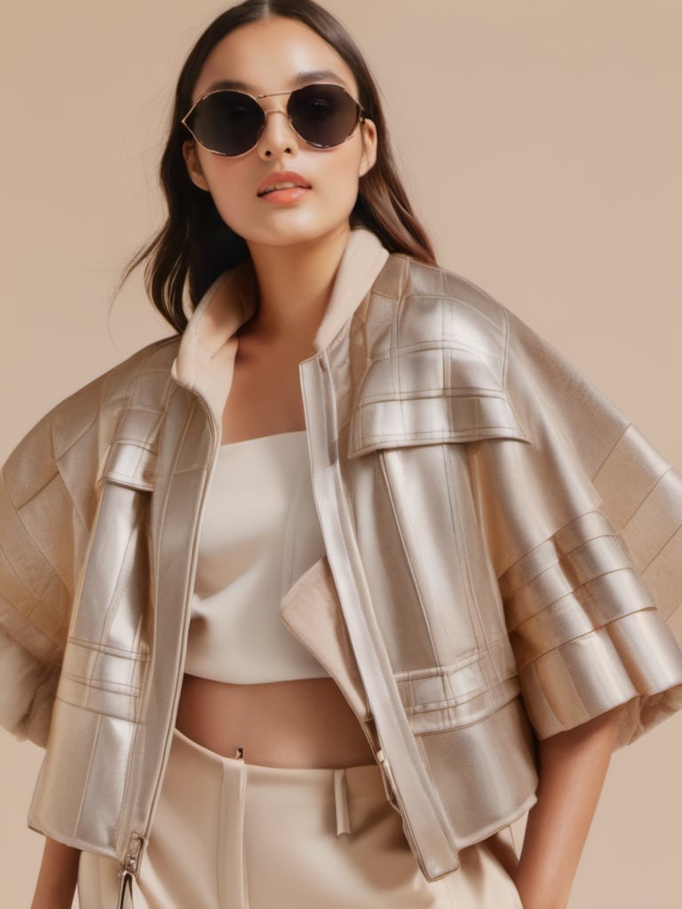 The woman in the photo is standing against a beige background, a Tumblr personality. Her outfit consists of a reflective puffer jacket and a poncho, both of which are in a stylish off-white color scheme. This ensemble could be a reference to an internet meme or trend, and it is currently trending on the design and architecture website Dezeen. The photo appears to be from a catalog, showcasing the latest in fashion trends for 2024. The accessories on display include a mac, a pair of 8. 0 LV sunglasses, and a folded piece by Mike and Wojtek Fus. Overall, this outfit embodies the cutting-edge fashion of the year and is sure to turn heads,  <lora:ch3ls3a_SDXL-000004:1:1.2>