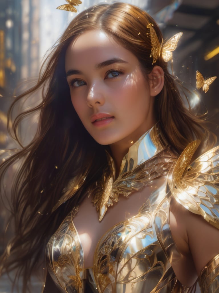 8k portrait of beautiful cyborg with brown hair, intricate, elegant, highly detailed, majestic, digital photography, art by artgerm and ruan jia and greg rutkowski surreal painting gold butterfly filigree, broken glass, (masterpiece, sidelighting, finely detailed beautiful eyes: 1.2), hdr,<lora:ch3ls3a_SDXL-000004:1:1>