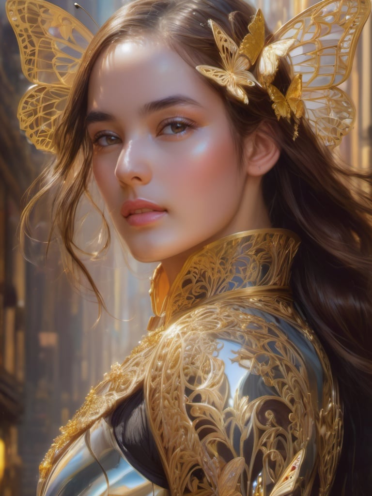 8k portrait of beautiful cyborg with brown hair, intricate, elegant, highly detailed, majestic, digital photography, art by artgerm and ruan jia and greg rutkowski surreal painting gold butterfly filigree, broken glass, (masterpiece, sidelighting, finely detailed beautiful eyes: 1.2), hdr,<lora:ch3ls3a_SDXL-000004:1:1>