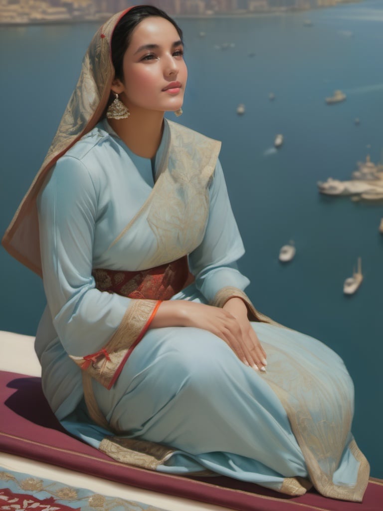 ((potrait)),a Muslim arab woman, modelshoot style, (extremely detailed CG unity 8k wallpaper), full shot body photo of the most beautiful artwork in the world, beautiful women, professional majestic oil painting by Ed Blinkey, Atey Ghailan, Studio Ghibli, by Jeremy Mann, Greg Manchess, Antonio Moro, trending on ArtStation, trending on CGSociety, Intricate, High Detail, Sharp focus, dramatic, photorealistic painting art by midjourney and greg rutkowski,  <lora:ch3ls3a_SDXL-000004:1:1.2>