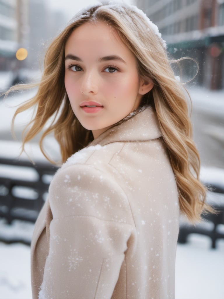 professional portrait photograph of a gorgeous  girl in winter clothing with long wavy blonde hair, ((sultry flirty look)), freckles, beautiful symmetrical face, cute natural makeup, wearing elegant winter fashion clothing, ((standing outside in snowy city street)), stunning modern urban upscale environment, ultra realistic, concept art, elegant, highly detailed, intricate, sharp focus, depth of field, f/1. 8, 85mm, medium shot, mid shot, (centered image composition), (professionally color graded), ((bright soft diffused light)), volumetric fog, trending on instagram, trending on tumblr, hdr 4k, 8k,  <lora:ch3ls3a_SDXL-000004:1:1.2>