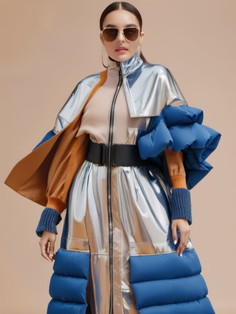 The woman in the photo is standing against a beige background, a Tumblr personality. Her outfit consists of a reflective puffer jacket and a poncho, both of which are in a stylish off-white color scheme. This ensemble could be a reference to an internet meme or trend, and it is currently trending on the design and architecture website Dezeen. The photo appears to be from a catalog, showcasing the latest in fashion trends for 2024. The accessories on display include a mac, a pair of 8. 0 LV sunglasses, and a folded piece by Mike and Wojtek Fus. Overall, this outfit embodies the cutting-edge fashion of the year and is sure to turn heads,  <lora:ch3ls3a_SDXL-000004:1:1.2>