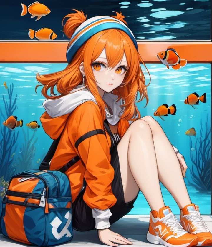 vtuber, 1girl, ,Beautiful Eyes, character, full body, she has a clownfish theme, orange with white stripes, sneakers, accessories, hair_accessories,
