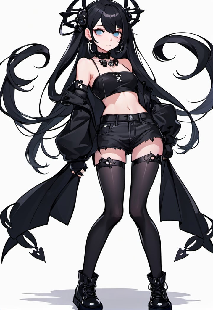 goth, black clothing, piercings, full body, shoes, character design, 1girl, vtuber, front facing, cute face, standing, woman, medium breasts, long hair, white background, a_pose, looking at viewer, friendly anime, arms to sides, 