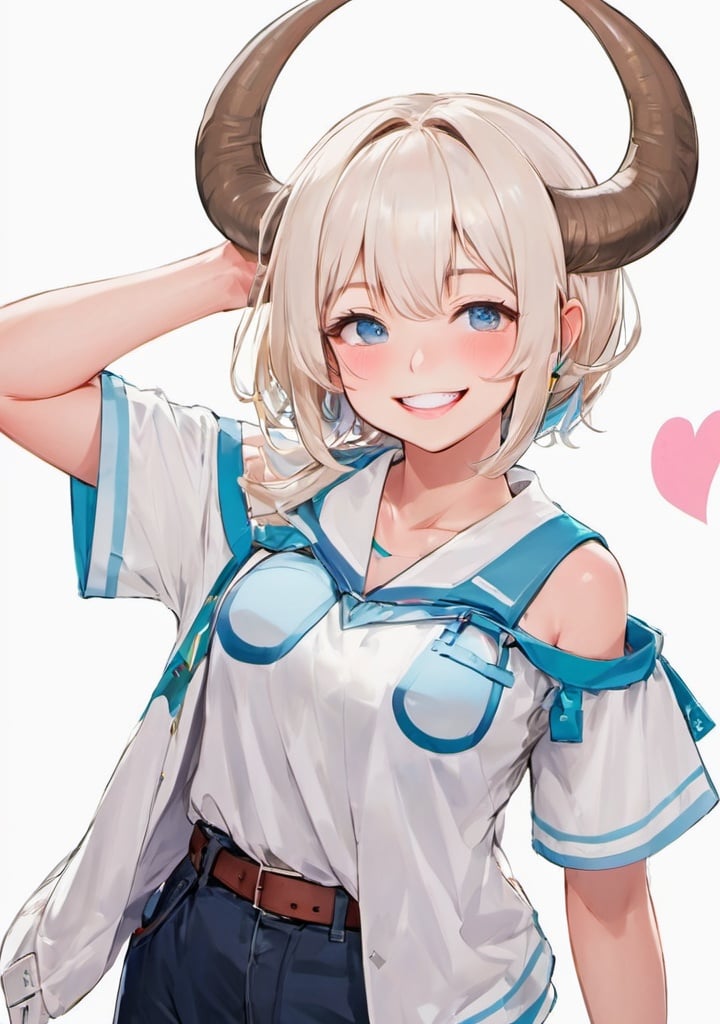 1girl, girl, large horns, vtuber model, white background, arms to sides, standing, smile, simple background, 