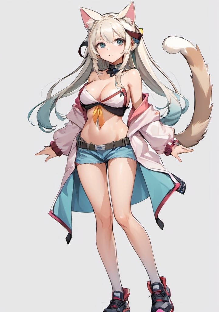 full body, shoes, 1girl, vtuber, front facing, cute face, standing, cat ears, woman, medium breasts, long hair, white background, a pose, looking at viewer, friendly anime, arms to sides, 
