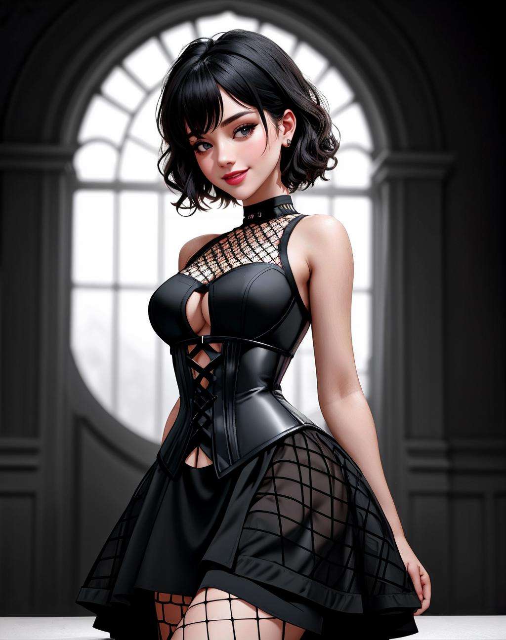 ((Masterpiece, best quality)),beautiful colors, sharp contrast,photography, detailed skin, realistic, photo-realistic, 8k, highly detailed, full length frame, High detail RAW color art, diffused soft lighting, shallow depth of field, sharp focus, hyperrealism, cinematic lighting,smiling,edgHO, fishnet_dress,((fishnets,cut out dress)),a woman in a black dress ,wearing edgHO,black background,corset,short skirt, <lora:edgHO:0.7>