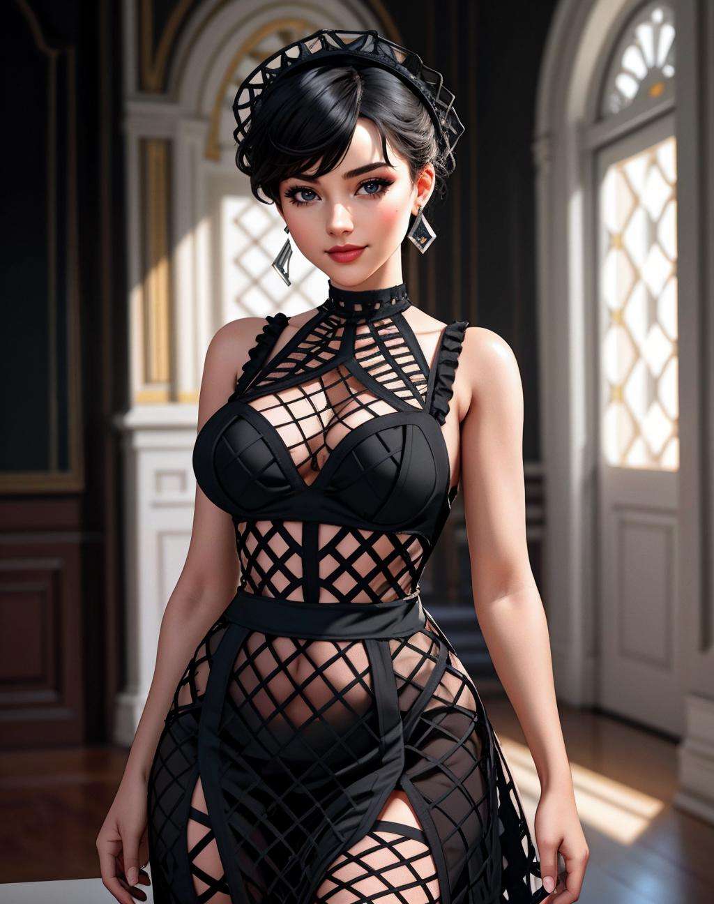 ((Masterpiece, best quality)),beautiful colors, sharp contrast,photography, detailed skin, realistic, photo-realistic, 8k, highly detailed, full length frame, High detail RAW color art, diffused soft lighting, shallow depth of field, sharp focus, hyperrealism, cinematic lighting,smiling,edgHO, fishnet_dress,((fishnets,cut out dress)),a woman in a black dress ,wearing edgHO,black background <lora:edgHO:1>