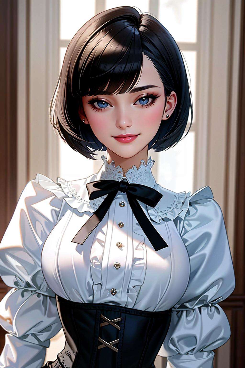 ((Masterpiece, best quality)),edgQuality,smirk,smug,  bob cut,edgCT, a woman in a blouse, puffy sleeves,wearing edgCT,chic top ,ribbon,corset <lora:edgChicTops1:1>  