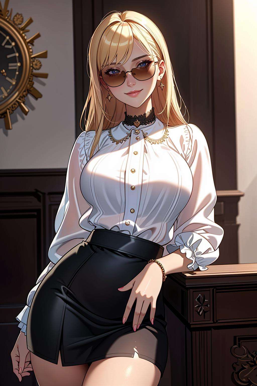 ((Masterpiece, best quality)),edgQuality,smirk,smug, blonde Nadia with sunglasses and a chokeredgCT, a woman in a blouse, and a skirt,wearing edgCT,chic top  <lora:edgChicTops1:0.9> <lora:Ultimate_Nadia:0.6>
