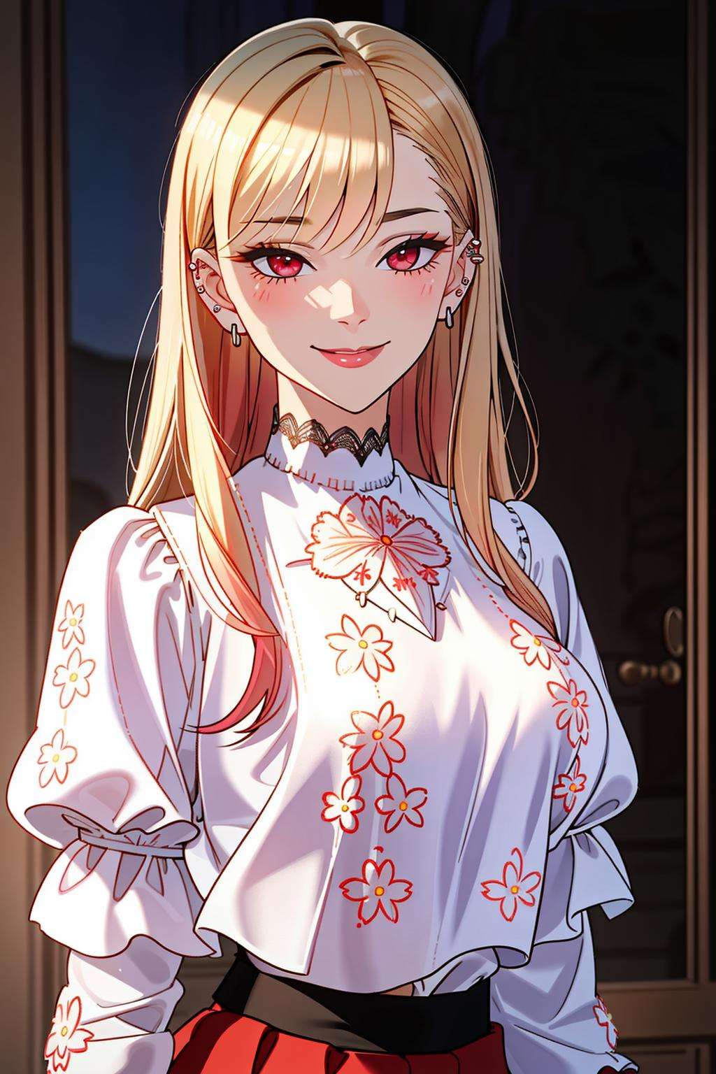 ((Masterpiece, best quality)),edgQuality,smirk,smug, <lora:MarinKitagawa:0.65>gradient blonde hair color, piercings, choker,red eyes,edgCT, a woman in a blouse, and a skirt,wearing edgCT,chic top,crop top,puffy sleeves,(floral embroidery)<lora:edgChicTops1:1>