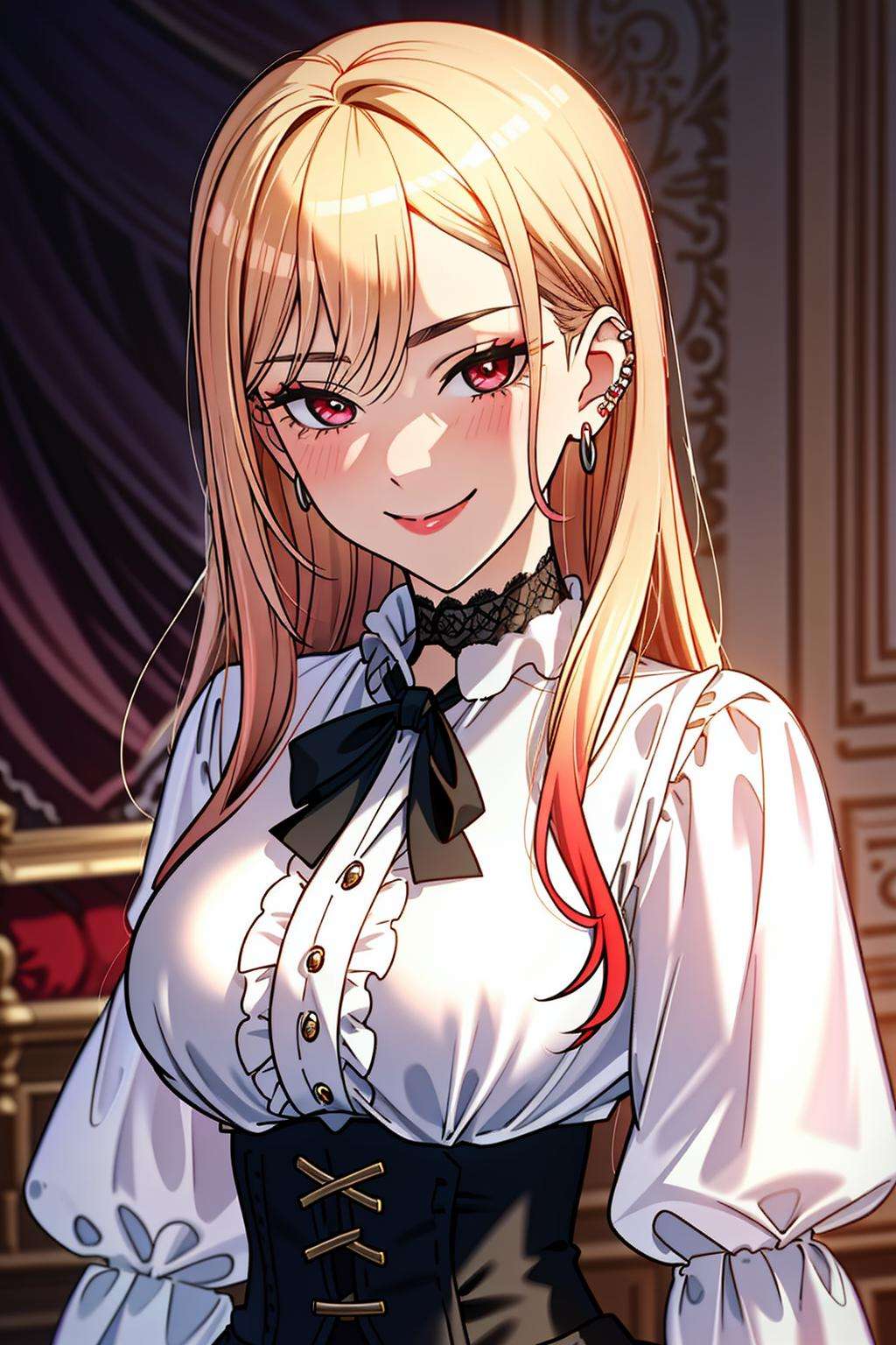 ((Masterpiece, best quality)),edgQuality,smirk,smug, <lora:MarinKitagawa:0.65>gradient blonde hair color, piercings, choker,red eyes,edgCT, a woman in a blouse, and a skirt,wearing edgCT,chic top,ribbon,(corset)<lora:edgChicTops1:1>