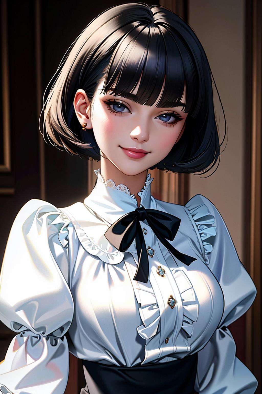((Masterpiece, best quality)),edgQuality,smirk,smug,  bob cut,edgCT, a woman in a blouse, puffy sleeves,wearing edgCT,chic top ,ribbon,cape <lora:edgChicTops1:1>  