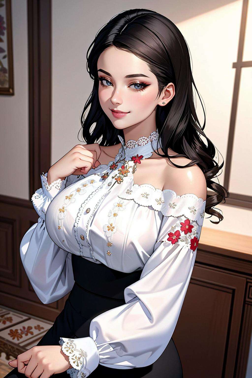 ((Masterpiece, best quality)),edgQuality,smirk,smug,  edgCT, a woman in a blouse, and a skirt,wearing edgCT,chic top,(floral embroidery),((off shoulder)),<lora:edgChicTops1:0.85>