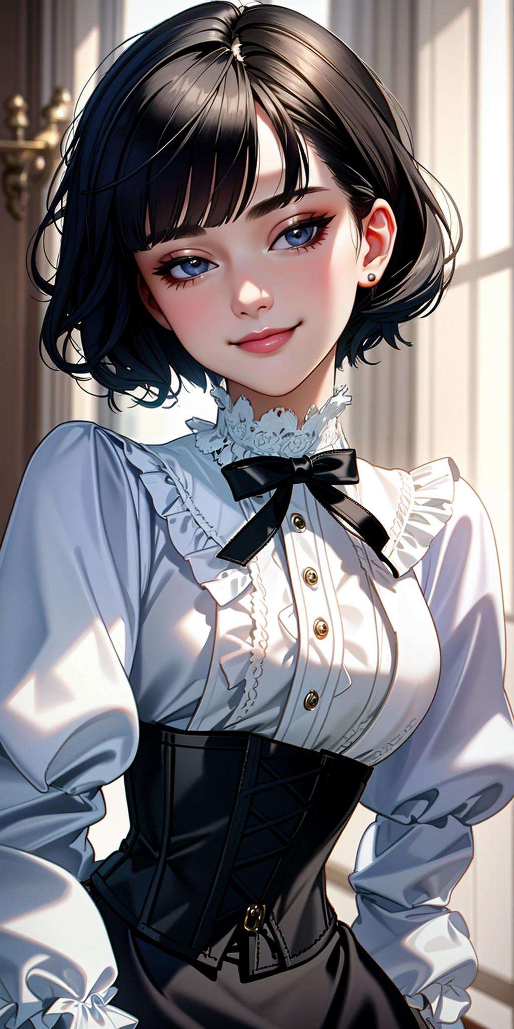 ((Masterpiece, best quality)),edgQuality,smirk,smug,  bob cut,edgCT, a woman in a blouse, puffy sleeves,wearing edgCT,chic top ,ribbon,((corset)) <lora:edgChicTops1:1>  