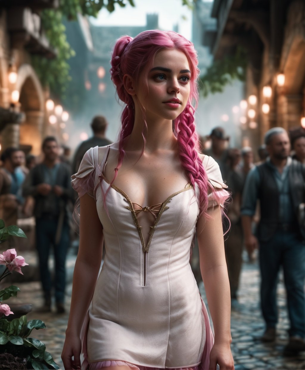 cinematic film still (Raw Photo:1.3) of (Ultrarealistic:1.3),(Angry:1.3) (best quality, highres, highly detailed, masterpiece:1.3), shionne1, ponytail, 1girl, solo, shoulder armor, dress, very long pink hair, thigh strap, white dress, cleavage, pauldrons, white thighhighs, medium breasts, bangs, detached sleeves, character focus portrait, solo, looking at viewer, detailed background, detailed face, IvoryGoldAI, warm smile, nature magic, floating particles, roots, rocks, bushes, bloom, forest canopy in background, castle, natural atmosphere, earth tones,(SEMI-SILHOUETTE light:1.1), (raytracing:1.1), (cryengine:1.1), <lora:RPGCitizenFemaleXL:1.0>,Highly Detailed,(Fujifilm Superia:1.3),(close portrait:1.3),thematic background . shallow depth of field, vignette, highly detailed, high budget, bokeh, cinemascope, moody, epic, gorgeous, film grain, grainy