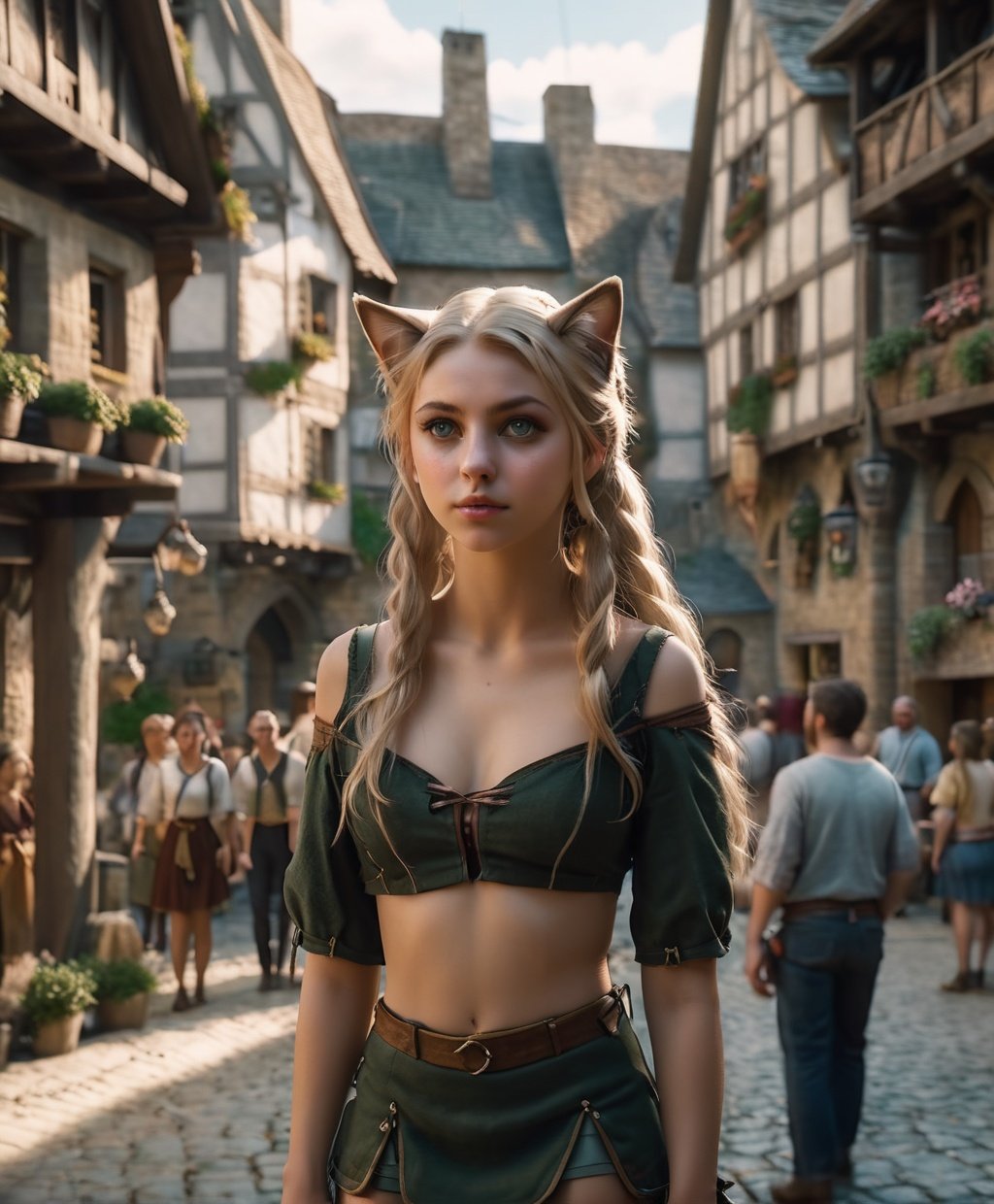 cinematic film still (Raw Photo:1.3) of (Ultrarealistic:1.3),(Angry:1.3) kirara_genshin, beautiful face, sweet girl, hair ornament, cat ears, blonde long hair, green eyes, detached sleeves, kirara's upshirt, stomach cutout, navel, kirara's short skirt, two cat tails, upper body, standing, looking at viewer, outdoors, european town, european style houses, (castle), noon, streets, sunshine,,(SEMI-SILHOUETTE light:1.1), (raytracing:1.1), (cryengine:1.1), <lora:RPGCitizenFemaleXL:1.0>,Highly Detailed,(Fujifilm Superia:1.3),(close portrait:1.3),thematic background . shallow depth of field, vignette, highly detailed, high budget, bokeh, cinemascope, moody, epic, gorgeous, film grain, grainy