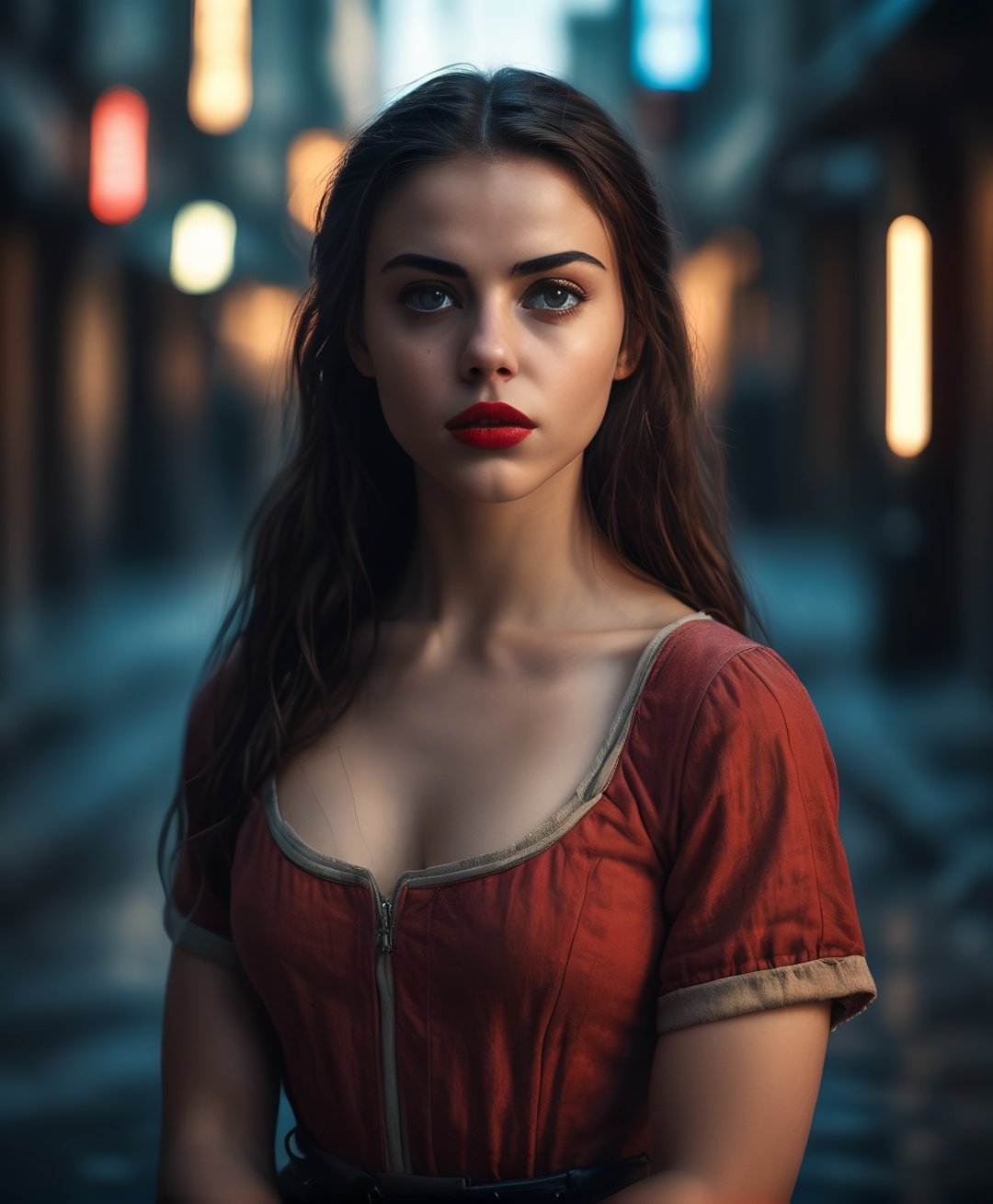 cinematic film still (Raw Photo:1.3) of (Ultrarealistic:1.3),(Angry:1.3) (detailed face, detailed eyes, clear skin, clear eyes), woman,1girl, ekpunobi, dark hair, long hair, dark skin, brown eyes, red lipstick, full body, looking at viewer, portrait, photography, detailed skin, realistic, photo-realistic, 8k, highly detailed, full length frame, High detail RAW color art, diffused soft lighting, shallow depth of field, sharp focus, hyperrealism, cinematic lighting, cyberpunk city, neon light, cyberpunk background<lora:RPGCitizenFemaleXL:0.8> <lora:UnderboobXL:1.3>,Highly Detailed,(Fujifilm Superia:1.3),(close portrait:1.3),thematic background . shallow depth of field, vignette, highly detailed, high budget, bokeh, cinemascope, moody, epic, gorgeous, film grain, grainy
