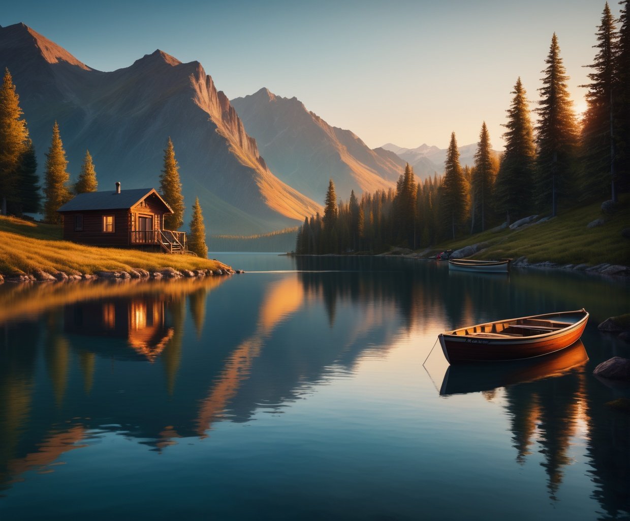 cinematic film still Oil painting of a tranquil lake surrounded by mountains, with a cabin on the shore, boats, and a sunset, heavily textured brushstrokes, warm and vibrant colors,(SEMI-SILHOUETTE light:1.1), (raytracing:1.1), (cryengine:1.1),  . shallow depth of field, vignette, highly detailed, high budget, bokeh, cinemascope, moody, epic, gorgeous, film grain, grainy