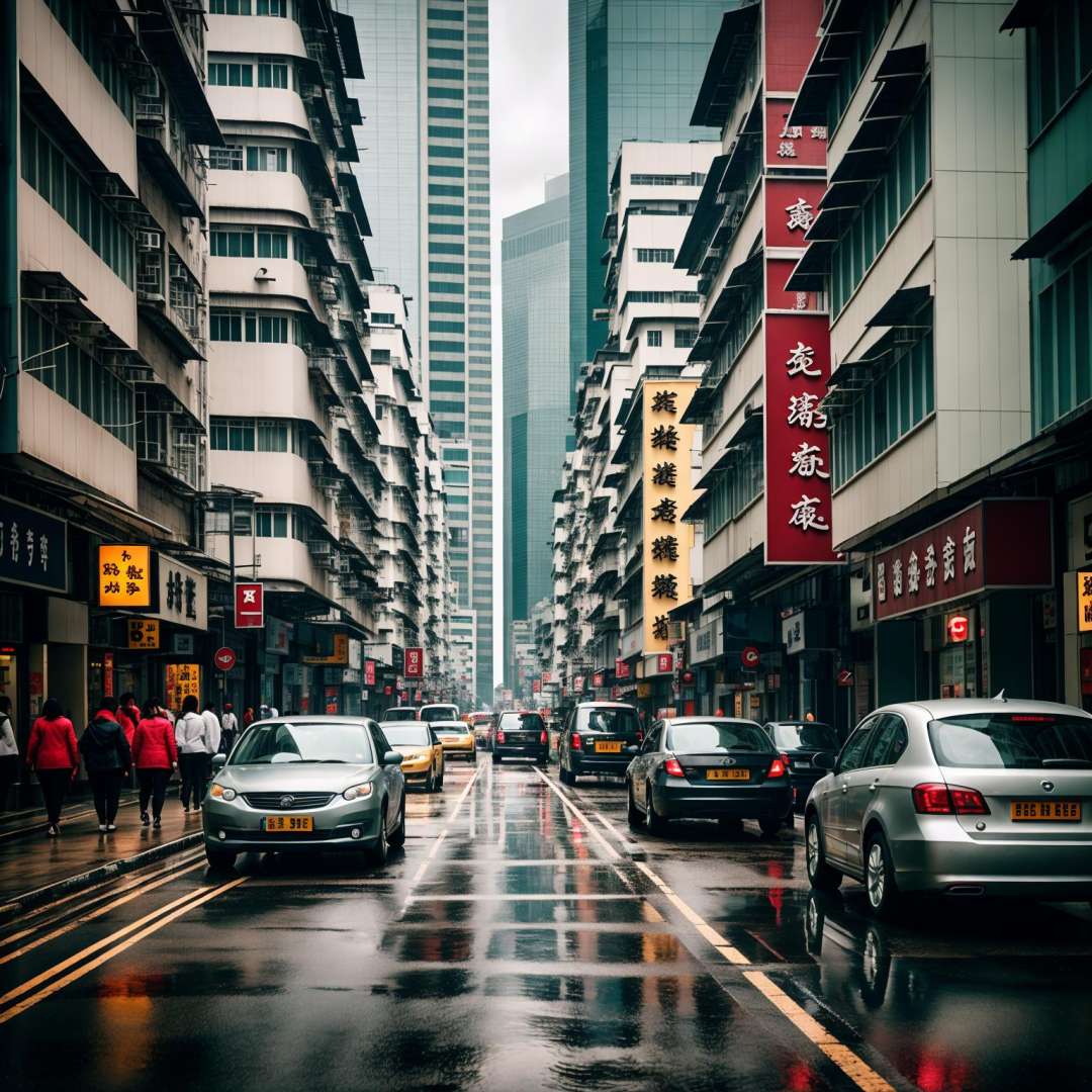 aargoldhk, cloud, rain, a city street with cars and people walking on the sidewalk and buildings on the other side of the street  <lora:AARG_Old_HK-000014:0.40>