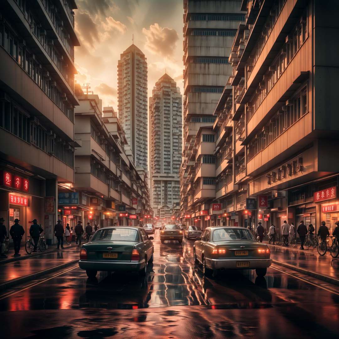 aargoldhk, architecture, a building, sunset , rain, masterpiece,best quality,super detailed,realistic,photorealistic, 8k, sharp focus, a photo of a building <lora:AARG_Old_HK-000014:0.5>