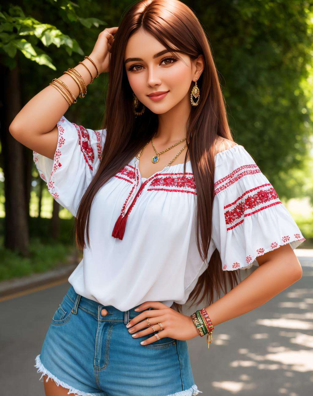 4K, Masterpiece, highres, absurdres,natural volumetric lighting and best shadows,highly detailed face, highly detailed facial features, smiling, edgVyshivanka style embroidery, wearing edgVyshivanka, 1girl, solo, long hair, looking at viewer, smile, brown hair, shirt, brown eyes, jewelry, standing, white shirt, cowboy shot, earrings, outdoors, shorts, day, blurry, bracelet, dark-skinned female, tree, lips, hand on hip, short shorts, blurry background, ring, denim, denim shorts, realistic, road, cutoffs, photo background, <lora:edgVyshivanka:0.7>