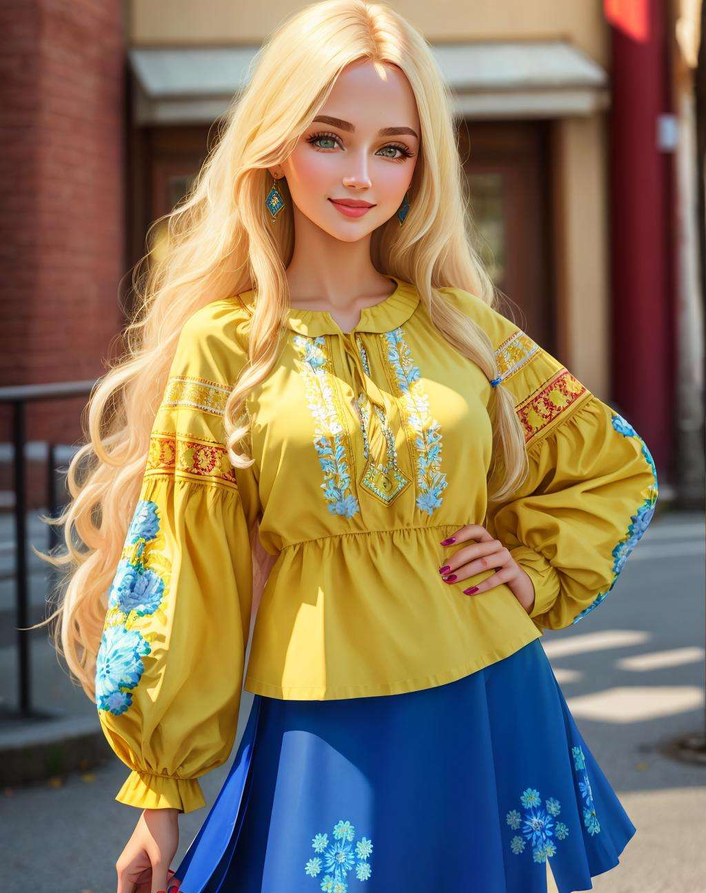 4K, Masterpiece, highres, absurdres,natural volumetric lighting and best shadows,highly detailed face, highly detailed facial features, smiling, edgVyshivanka style embroidery, wearing edgVyshivanka, 1girl, solo, long hair, skirt, shirt, blonde hair,blue eyes, long sleeves, brown eyes, jewelry, yellow shirt, earrings, nail polish, blurry, blue skirt, hand on hip, looking to the side, blurry background,floral embroidery, floral print, pointing, red nails<lora:edgVyshivanka:0.88>