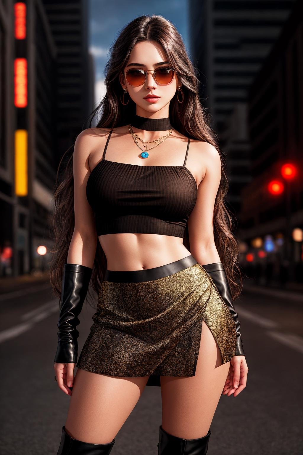 Masterpiece, absurdres,HDR,8k,excited,best quality, edgSDress, 1girl, solo, long hair, looking at viewer, skirt, brown hair, rown eyes, jewelry, earrings, boots, miniskirt, crop top, lips, knee boots, realistic , wearing edgSDress, sunglasses, city background <lora:edgSDress:0.7>