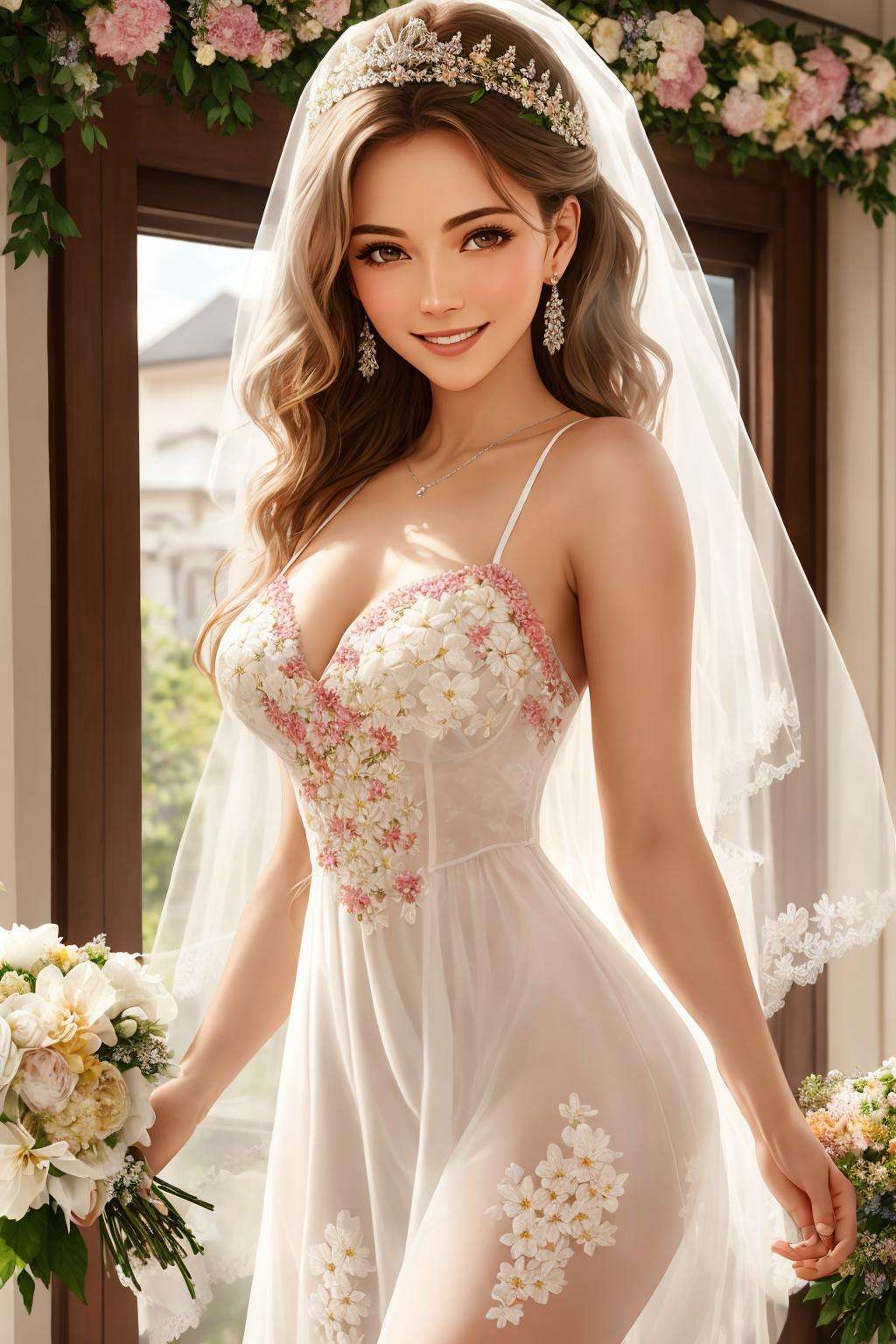 4K, Masterpiece, highres, absurdres,natural volumetric lighting and best shadows, smiling,woman,white fabricnuisette, wedding dress, a woman wearing a nuisette, ((floral embroidery)), silver tiara, flowersdress focus,woman wearing a nuisette_dress<lora:edgNuisette:0.77>