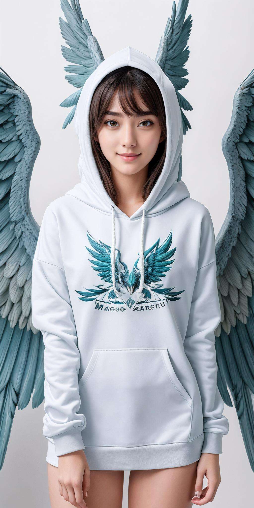 ((Masterpiece, best quality)),photography, detailed skin, realistic, photo-realistic, 8k, highly detailed, full length frame, High detail RAW color art, diffused soft lighting, shallow depth of field, sharp focus, hyperrealism, cinematic lighting,smiling,edgGaruda_hoodie, a white and blue bird_woman with wings wearing an (oversize hoodie) ,wearing edgGaruda_hoodie, <lora:edgGarudaHoodies:0.77>