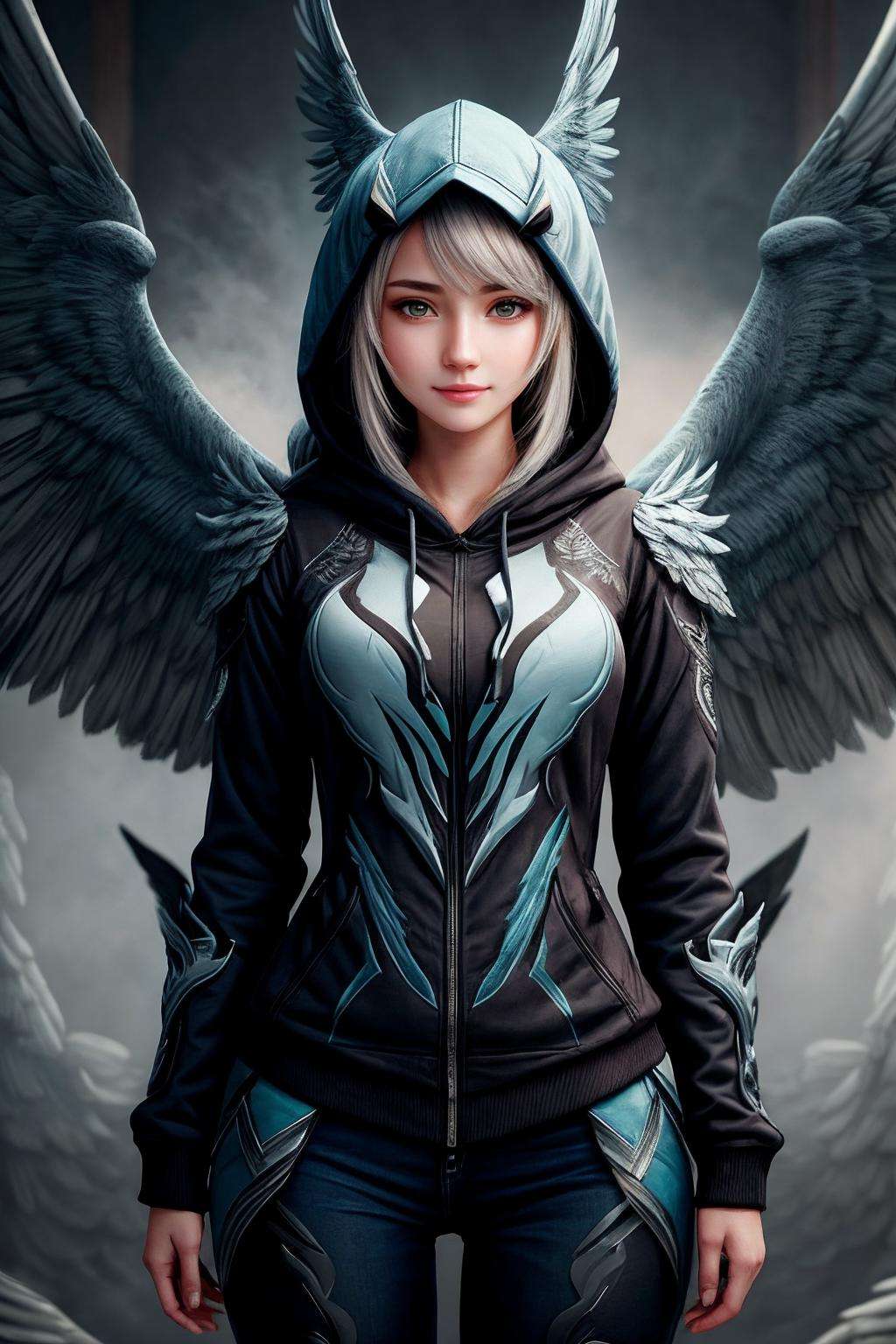 ((Masterpiece, best quality)),photography, detailed skin, realistic, photo-realistic, 8k, highly detailed, full length frame, High detail RAW color art, diffused soft lighting, shallow depth of field, sharp focus, hyperrealism, cinematic lighting,smiling,edgGaruda_hoodie, a white and blue bird_woman with wings wearing an (oversize hoodie) ,wearing edgGaruda_hoodie,<lora:edgGarudaHoodies:0.77>