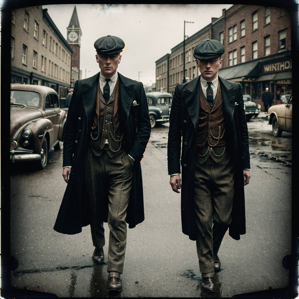 color photo of Peaky Blinders, dark, mysterious, smoky, gritty, urban, vintage Polaroid camera, old clothes classic suit, wide-angle lens, double exposure, Christopher Nolan, zoomed