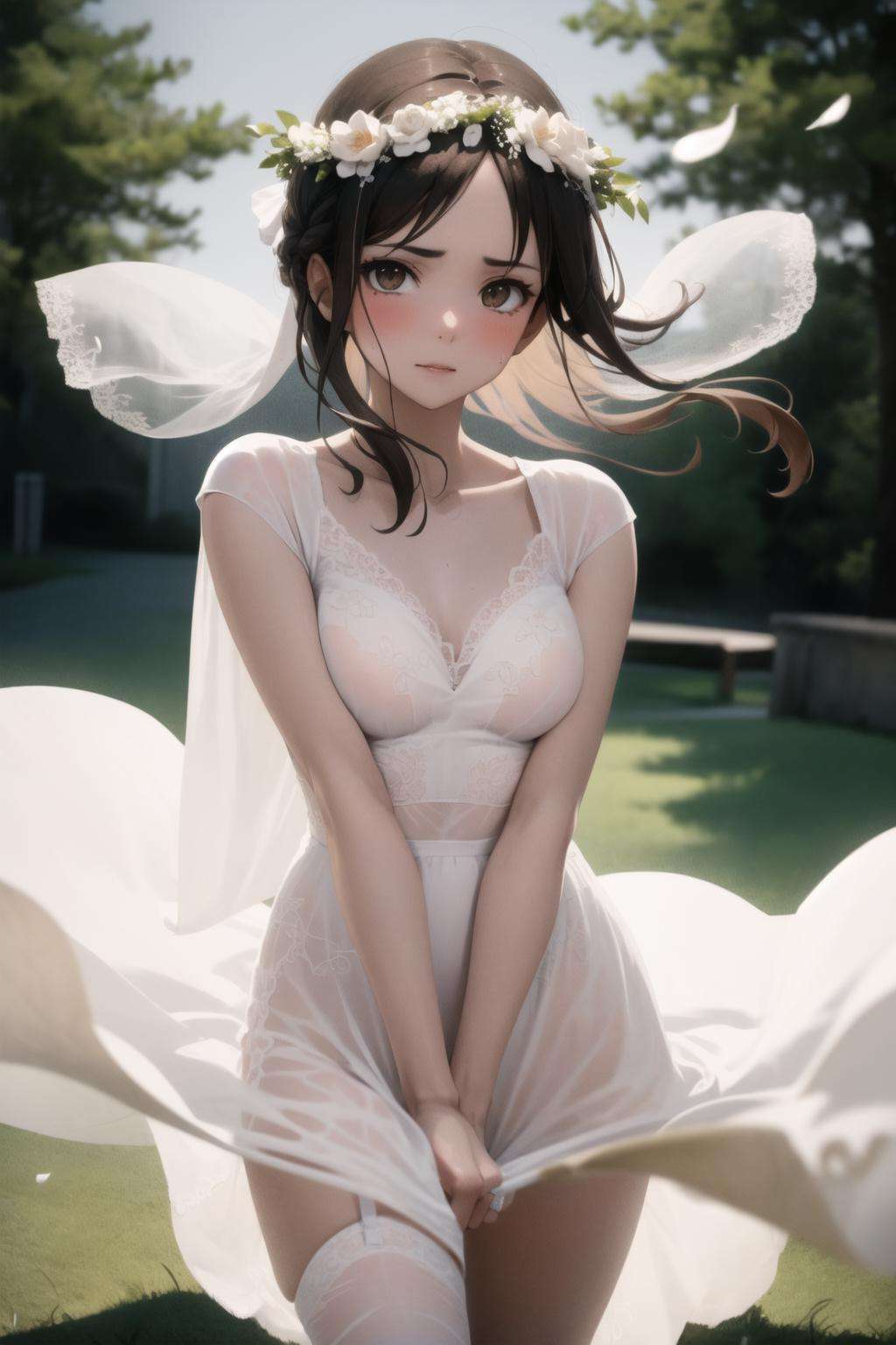 <lora:skirt_tug_v0.1:1>1girl, clothes tug, dress tug, see-through, backlighting, wind, wind lift, facing viewer, wedding dress, bridal veil, falling petals, head wreath, forest, lace, lingerie, <lora:linen_dress_v0.3a:1>, masterpiece, best quality, highly detailed