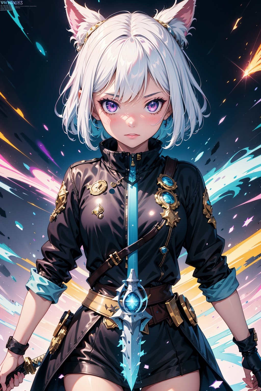 colorful, 1girl, white hair, purple eyes, dual wielding, sword, holding sword, blue flames, glow, glowing weapon, light particles, wallpaper, chromatic aberration,