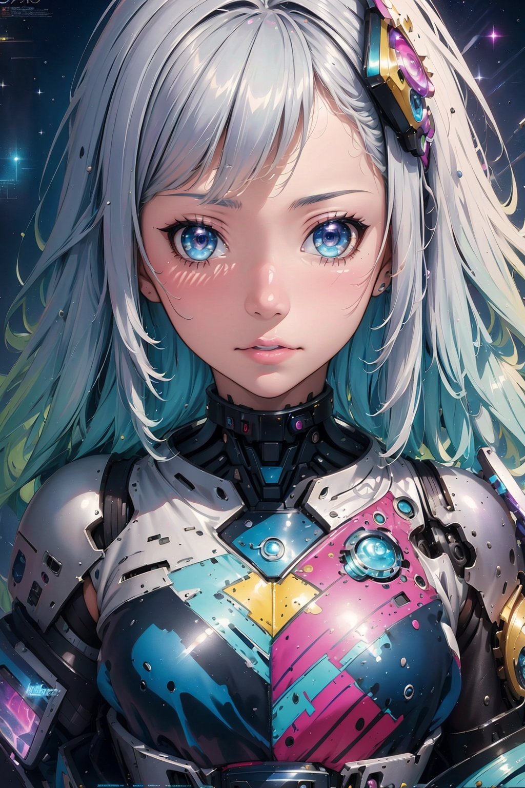 best quality,extremely detailed,detailed background,anime,a young beautiful girl,very long rainbow hair,(close shot),extremely detailed face,an extremely delicate and beautiful mecha girl,extremely detailed eyes,(floating silver grey hair),(Iridescence and rainbow hair),(gradient color mecha clothes),(black and blue and purple mecha clothes),Iridescence and rainbow mecha,（bodysuit：0.8）,(cyberpunk),((scifi)),((sci-fi)),night,space,horizon,beautiful detailed starry sky,top of the city,(dynamic posture),solo focus,close up,depth of field,bokeh,cinematic lighting,atmospheric lighting,science fiction,close up shot,close-up photo,(close to the camera),close to the lens,(close to the viewer)
