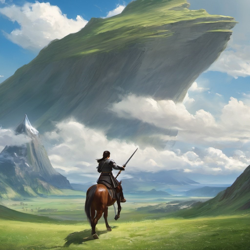 (best quality, masterpiece), Nayuta LostRuins, scenery, outdoors, grass, weapon, day, sky, cloud, standing, sword, horse, mountain, multiple others, holding, from behind, ambiguous gender, 1other