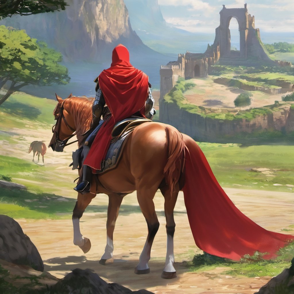 (best quality, masterpiece), Nayuta LostRuins, horse, cape, red cape, ruins, armor, horseback riding, male focus, scenery, solo, outdoors, red hair, from behind, helmet, riding