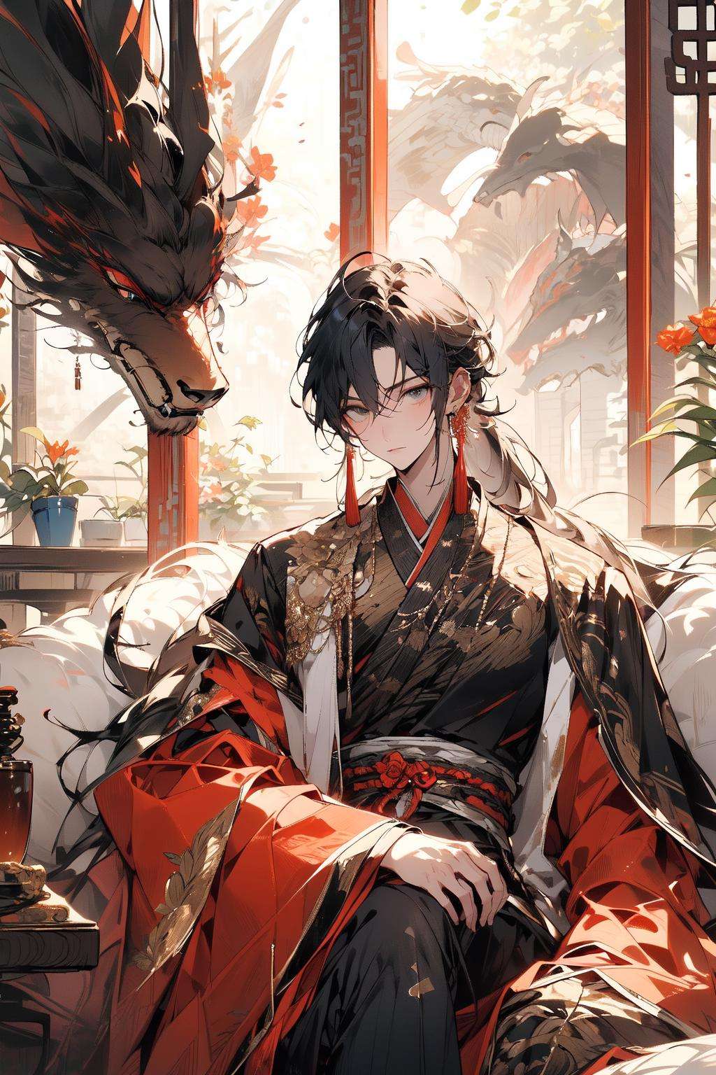 , (masterpiece:1.2), best quality,PIXIV,midjourney portrait,long hair, hanfu, multiple boys, red flower, sitting, flower, black hair, chinese clothes, long sleeves, male focus, table, holding, window, jewelry, ponytail, looking at viewer, wide sleeves, very long hair, lattice, solo focus, indoors, earrings, hair ornament, vase, book, plant, robe, bangs, tassel, closed mouth, crossed legs <lora:midjourney portrait_20230625143136:0.9>