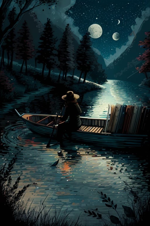 a painting of woman on a boat in the lake and a full moon in the sky above ,ultra detailed brush stroke xjrex