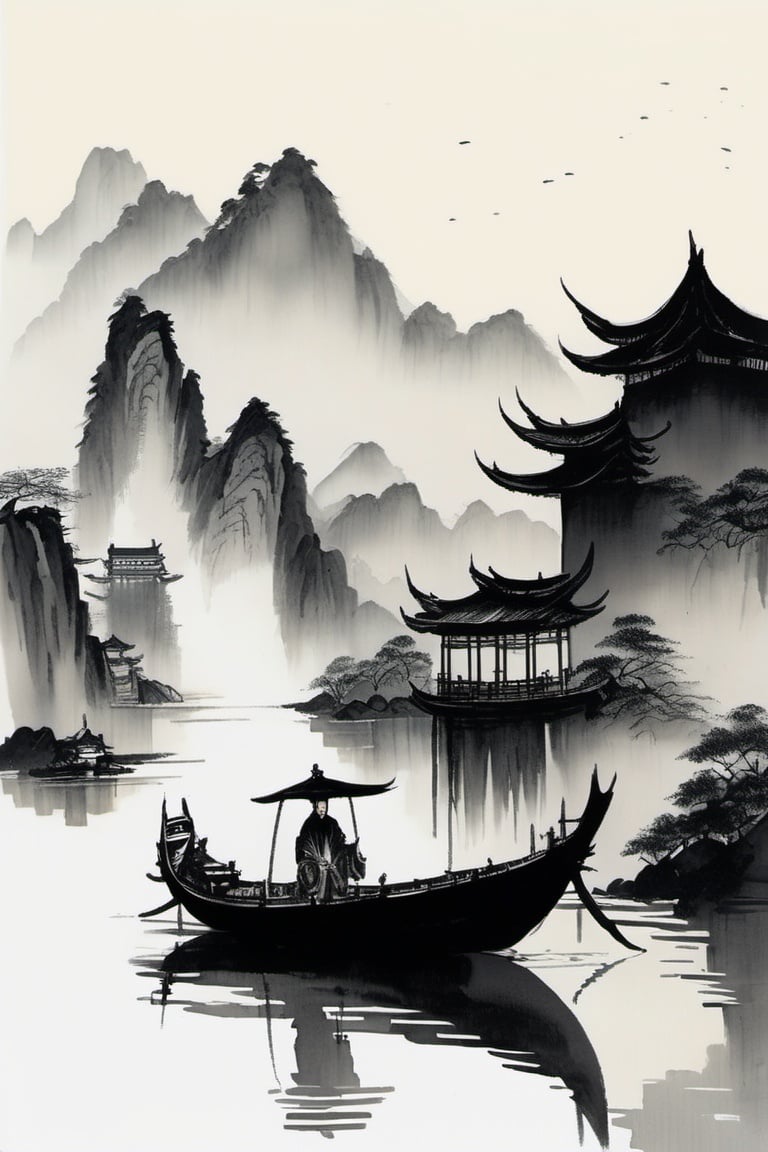 chinese ink drawing, watercraft, boat, tree, scenery, water, east asian architecture, architecture, weapon, bridge, outdoors, mountain, reflection<lora:chinese_ink_drawing_xl:1> 