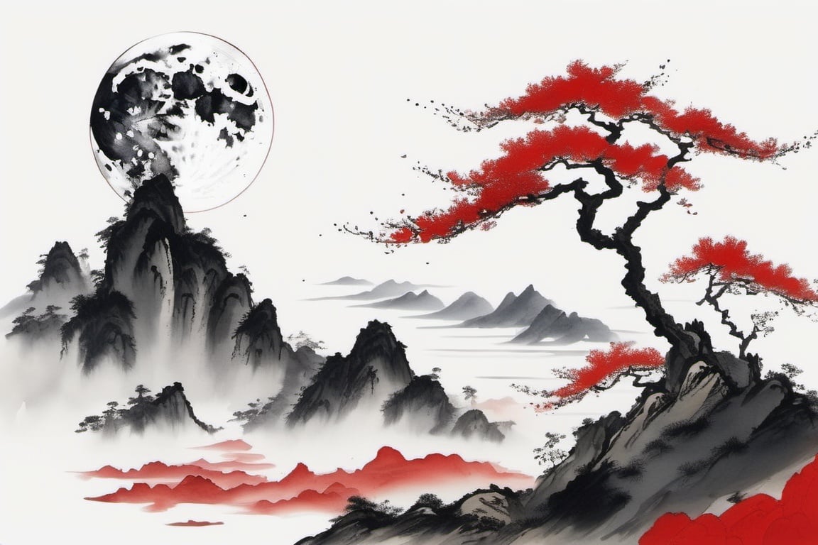 chinese ink drawing, mountain, tree, no humans, moon, scenery, traditional media, white background, sky, red moon<lora:chinese_ink_drawing_xl:1> 