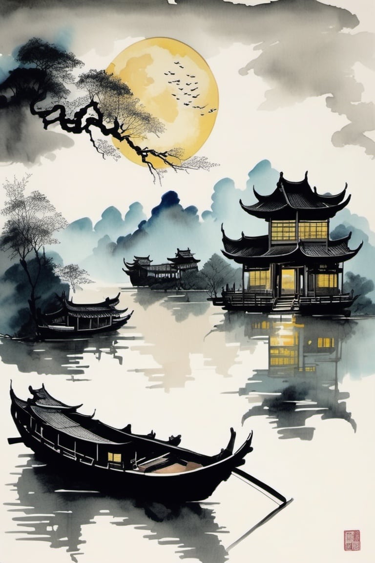 chinese ink drawing, no humans, architecture, east asian architecture, watercraft, boat, moon, cloud, water, scenery, sky, reflection, tree, outdoors<lora:chinese_ink_drawing_xl:1> 